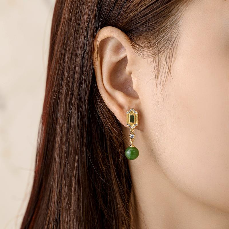 ATELIER-TIBET – Boucles d'Oreilles Jade et Émeraude – Réussite, Argent 925
