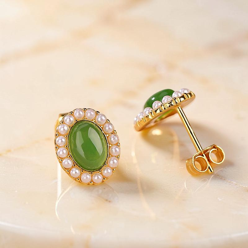 ATELIER-TIBET – Boucles d'Oreilles Jade et Perle – Douceur, Argent Plaqué Or