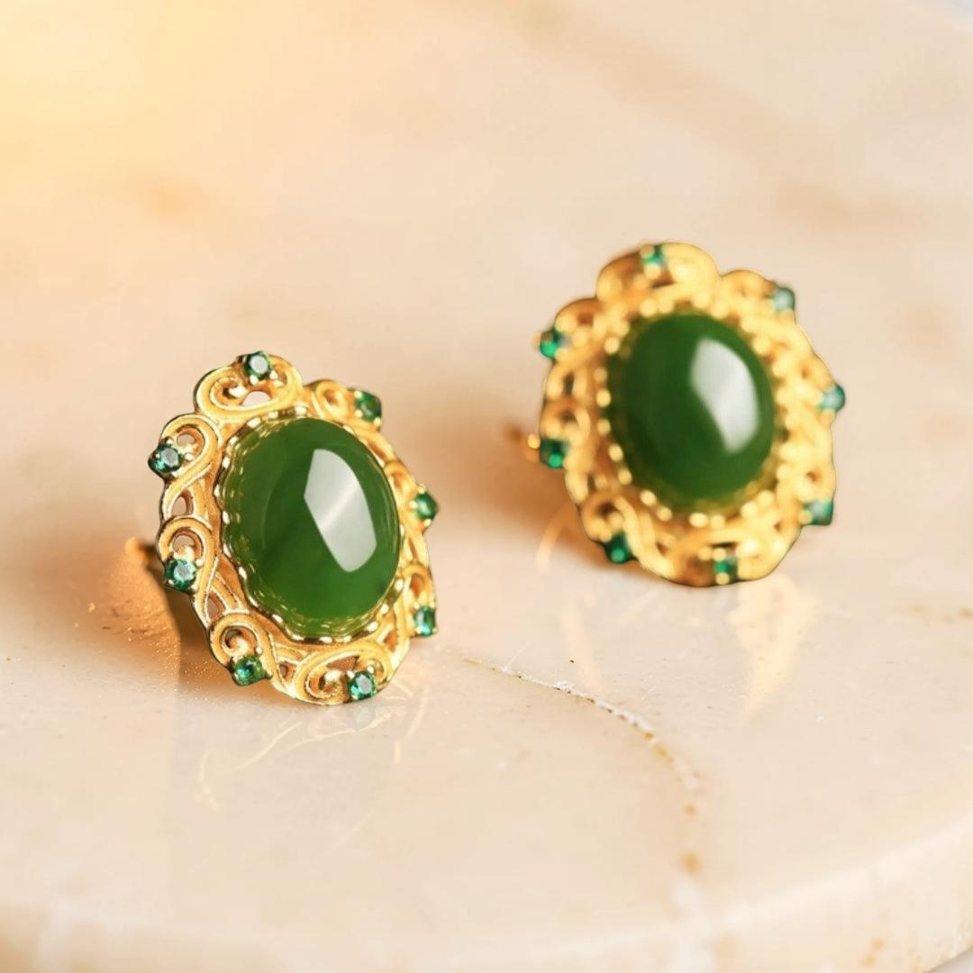 ATELIER-TIBET – Boucles d'Oreilles Jade – Nuage de Félicité, Argent Plaqué Or