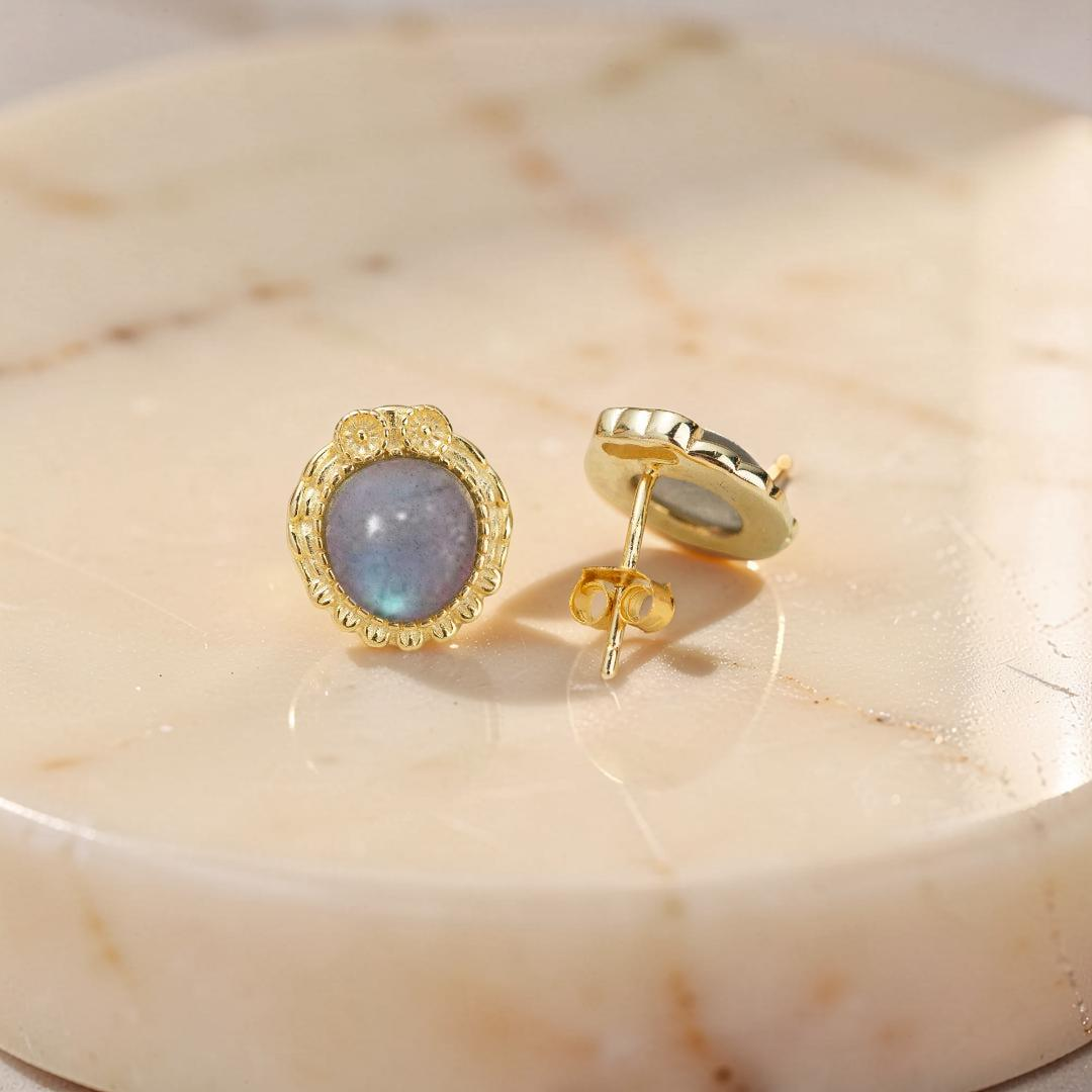 ATELIER-TIBET – Boucles d'Oreilles Labradorite – Sagesse Antique, Argent Plaqué Or