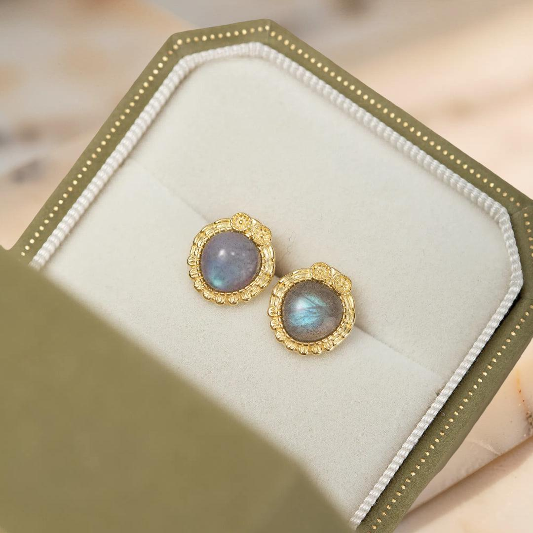 ATELIER-TIBET – Boucles d'Oreilles Labradorite – Sagesse Antique, Argent Plaqué Or