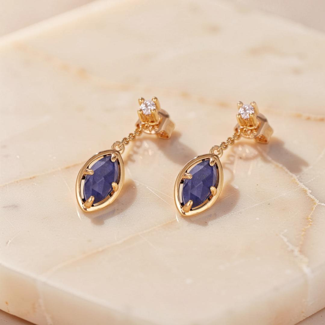 ATELIER-TIBET – Boucles d'Oreilles Lapis Lazuli et Quartz Clair – Étoile du Matin, Argent Plaqué Or