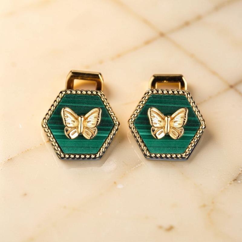 ATELIER-TIBET – Boucles d'Oreilles Malachite – Élégance Papillon, Argent Plaqué Or