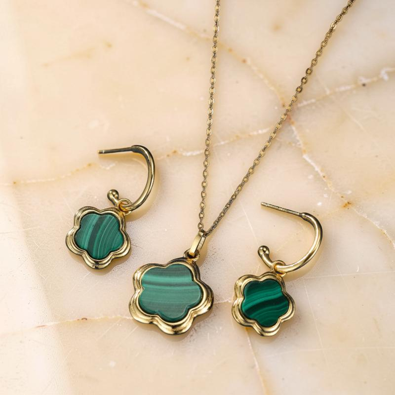 ATELIER-TIBET – Boucles d'Oreilles Malachite – Étoile Fleur, Argent Plaqué Or
