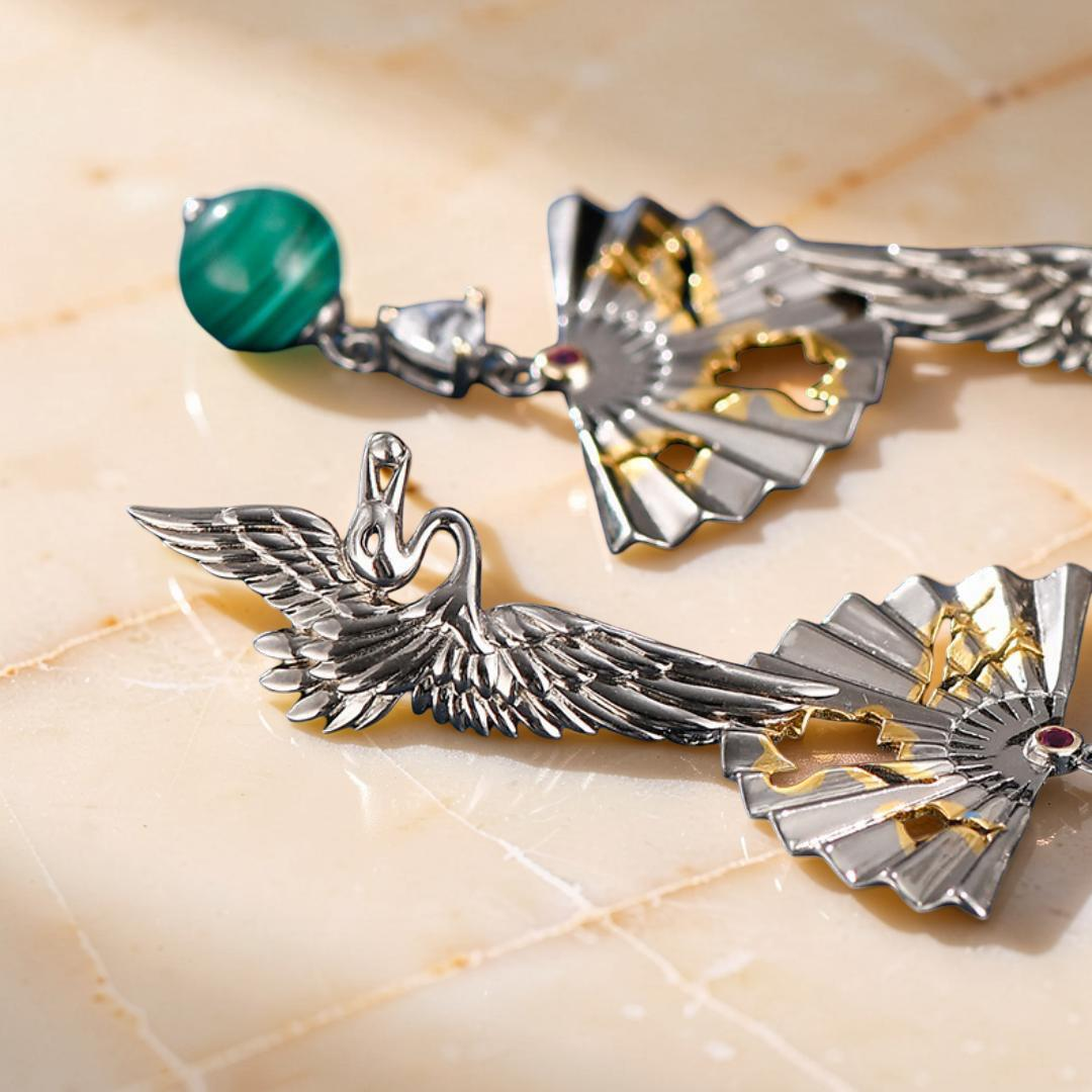 ATELIER-TIBET – Boucles d'Oreilles Malachite – Grue de Chance, Argent 925