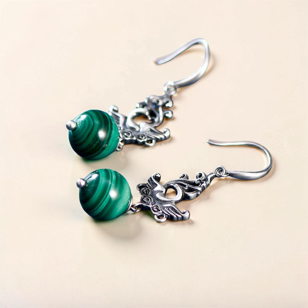 ATELIER-TIBET – Boucles d'Oreilles Malachite – Phénix de Renaissance, Argent 925