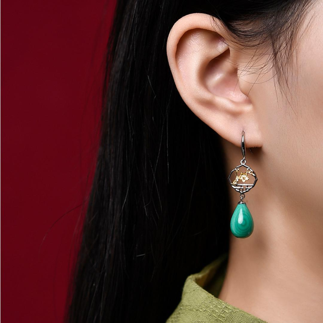 ATELIER-TIBET – Boucles d'Oreilles Malachite – Sakura, Argent 925