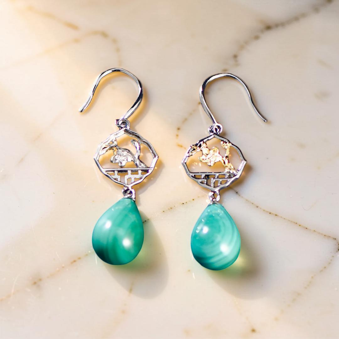ATELIER-TIBET – Boucles d'Oreilles Malachite – Sakura, Argent 925