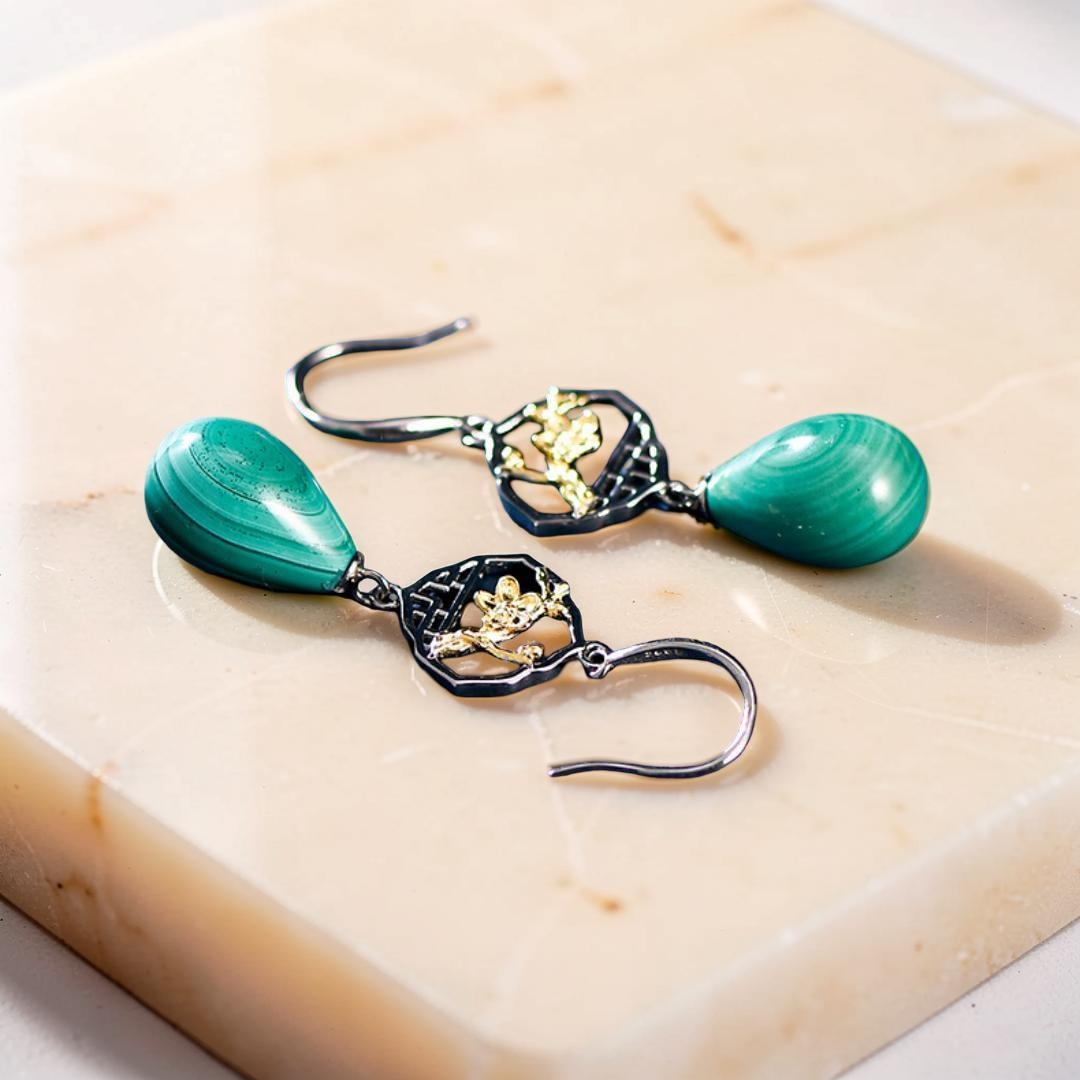 ATELIER-TIBET – Boucles d'Oreilles Malachite – Sakura, Argent 925