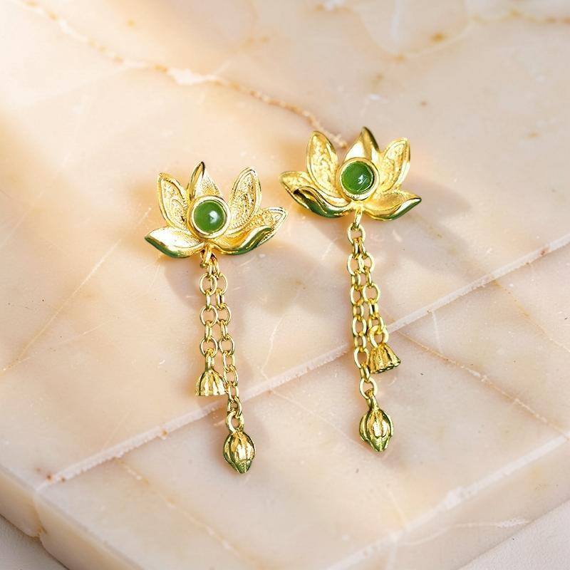 ATELIER-TIBET – Boucles d'Oreilles Pendantes en Jade – Douceur, Argent Plaqué Or