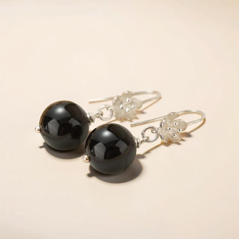 ATELIER-TIBET – Boucles d'Oreilles Pendantes Obsidienne – Floraison Mystique, Argent