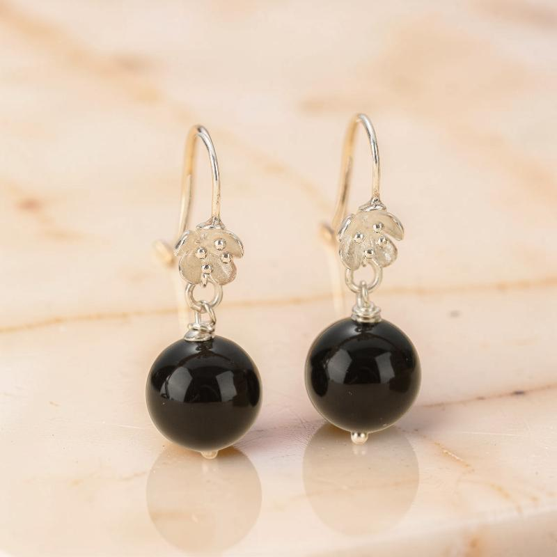 ATELIER-TIBET – Boucles d'Oreilles Pendantes Obsidienne – Floraison Mystique, Argent
