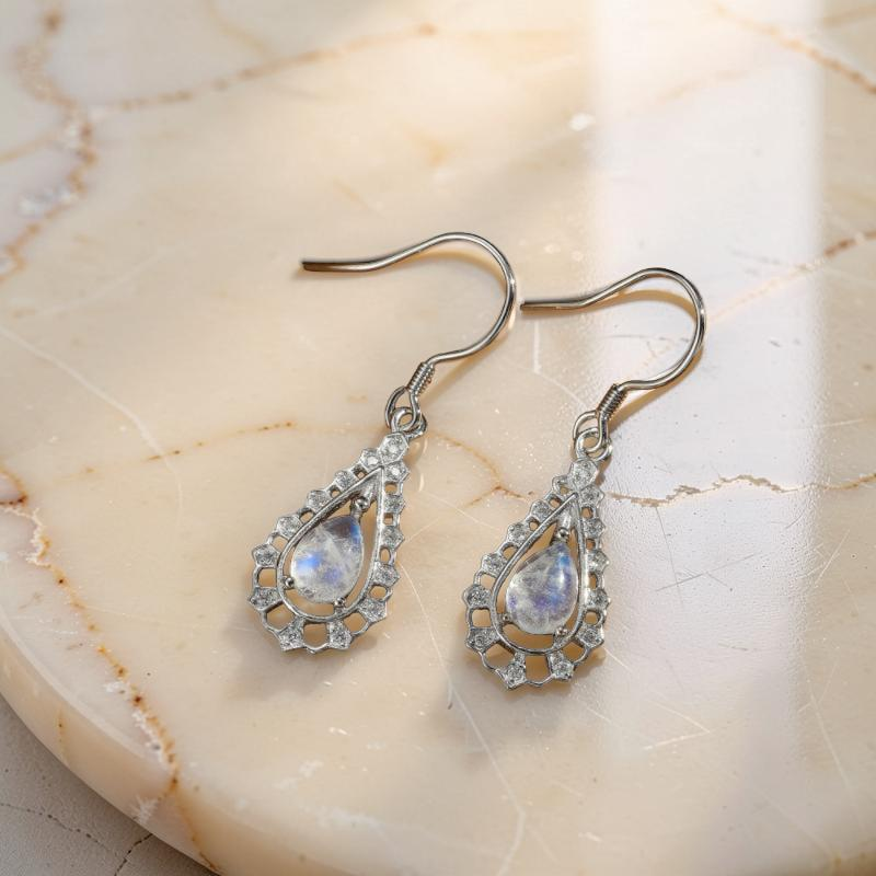 ATELIER-TIBET – Boucles d'Oreilles Pierre de Lune – Larme Étincelante