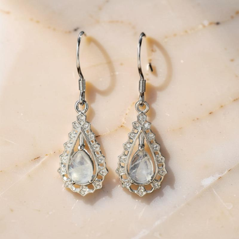 ATELIER-TIBET – Boucles d'Oreilles Pierre de Lune – Larme Étincelante