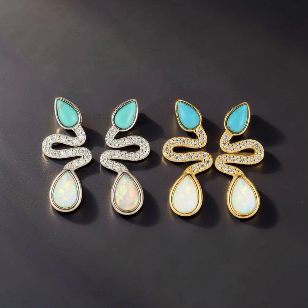 ATELIER-TIBET – Boucles d'Oreilles Serpent Opale et Turquoise– Larmes de Lagon, Argent 925