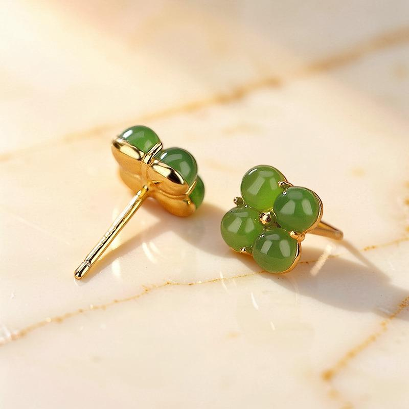 ATELIER-TIBET – Boucles d'Oreilles Trèfle en Jade – Chance, Argent Plaqué Or