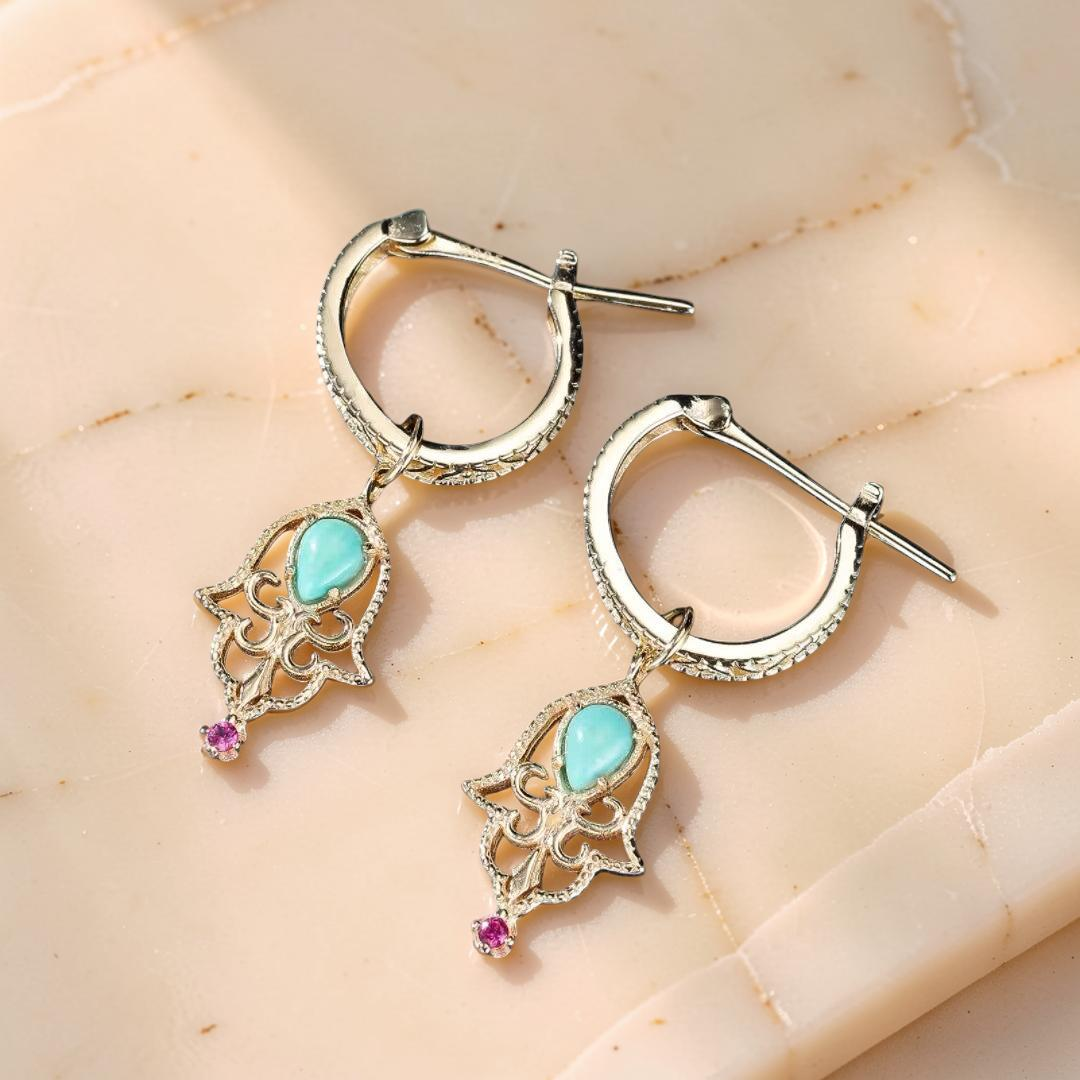 ATELIER-TIBET – Boucles d'Oreilles Turquoise – Aura Protectrice, Argent Plaqué Or