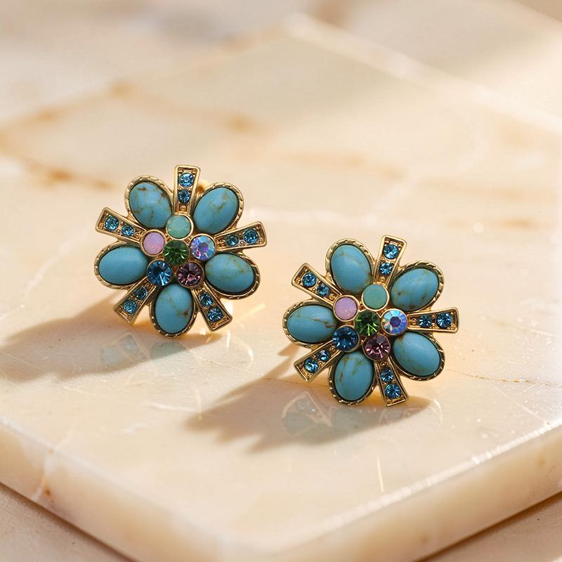 ATELIER-TIBET – Boucles d'Oreilles Turquoise – Fleur Éternelle, Argent Plaqué Or