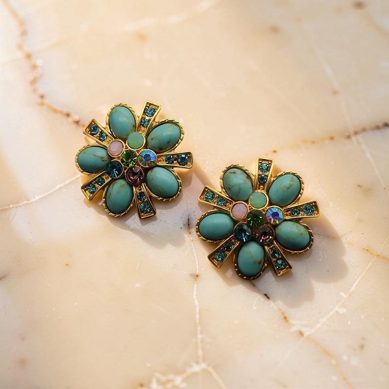 ATELIER-TIBET – Boucles d'Oreilles Turquoise – Fleur Éternelle, Argent Plaqué Or