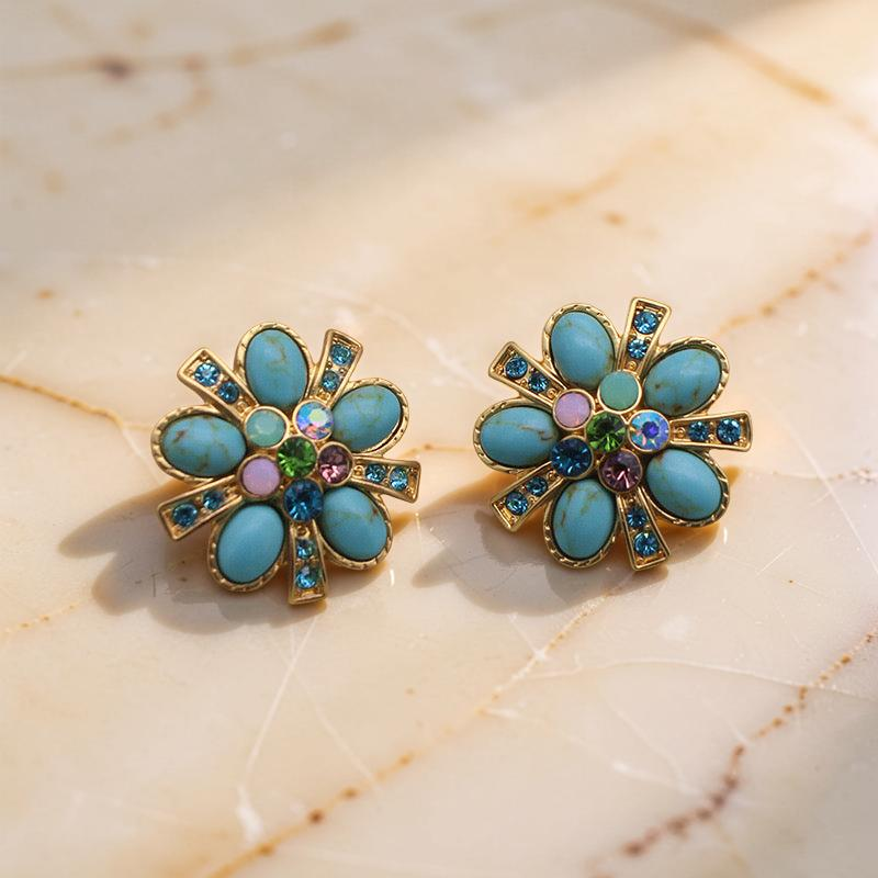 ATELIER-TIBET – Boucles d'Oreilles Turquoise – Fleur Éternelle, Argent Plaqué Or