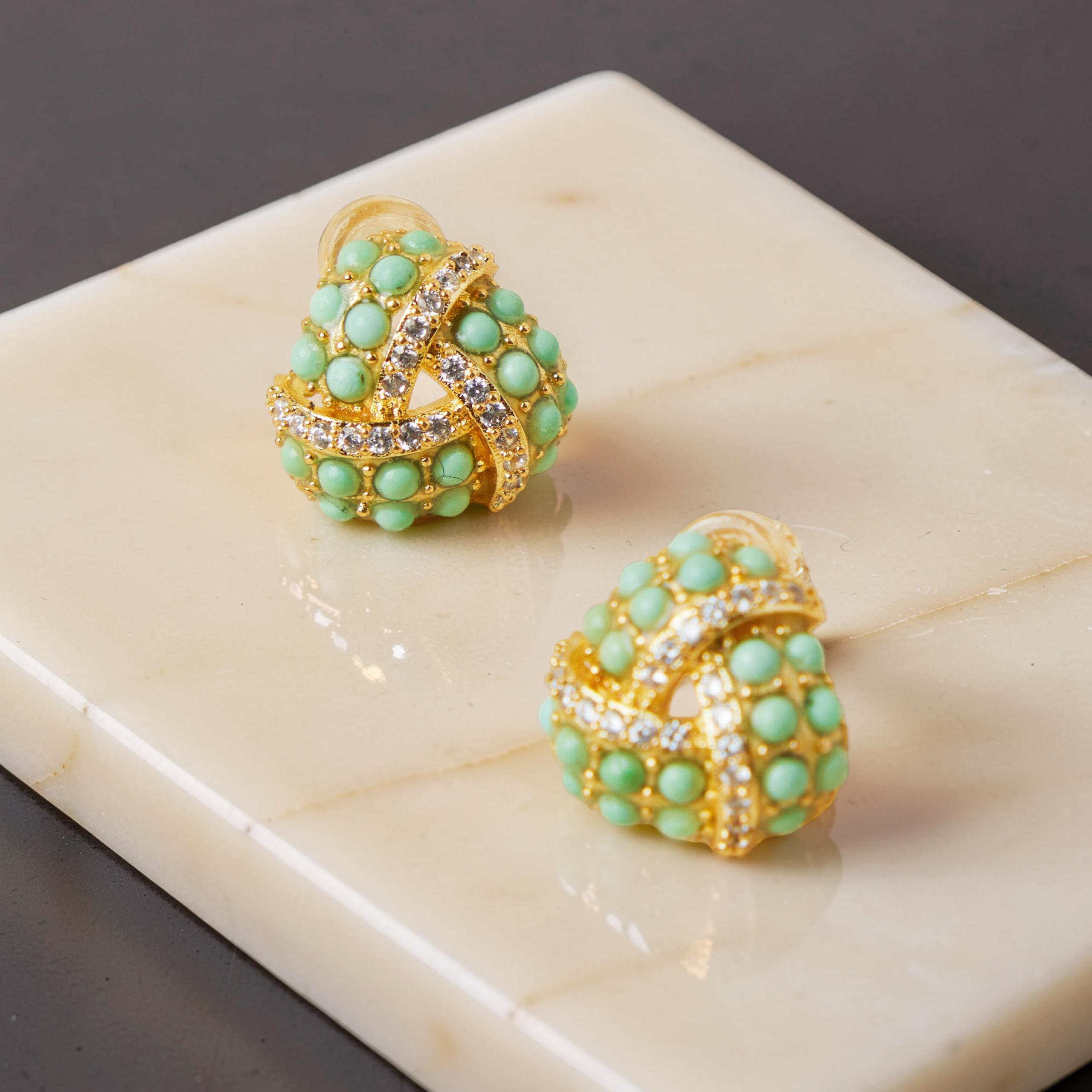 ATELIER-TIBET – Boucles d'Oreilles Turquoise – Triangle Torsade, Argent Plaqué Or