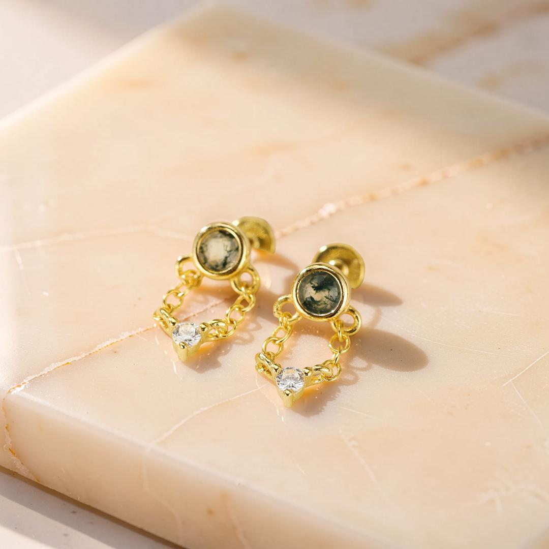 ATELIER-TIBET – Boucles d’Oreille Agate Mousse – Chaîne Élémentaire, Argent Plaqué Or