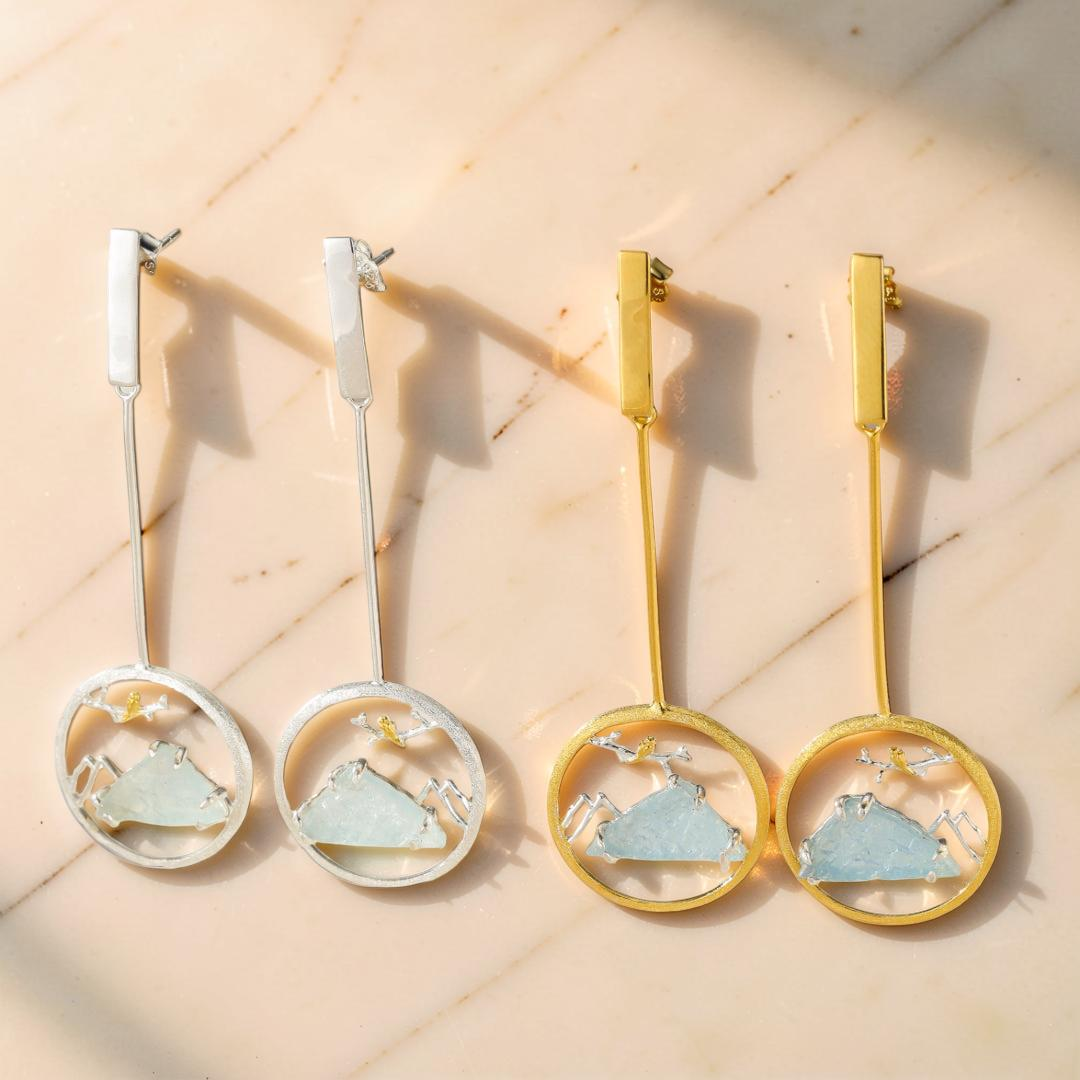 ATELIER-TIBET – Boucles d'Oreilles Aigue Marine – Petit Oiseau, Argent Plaqué Or