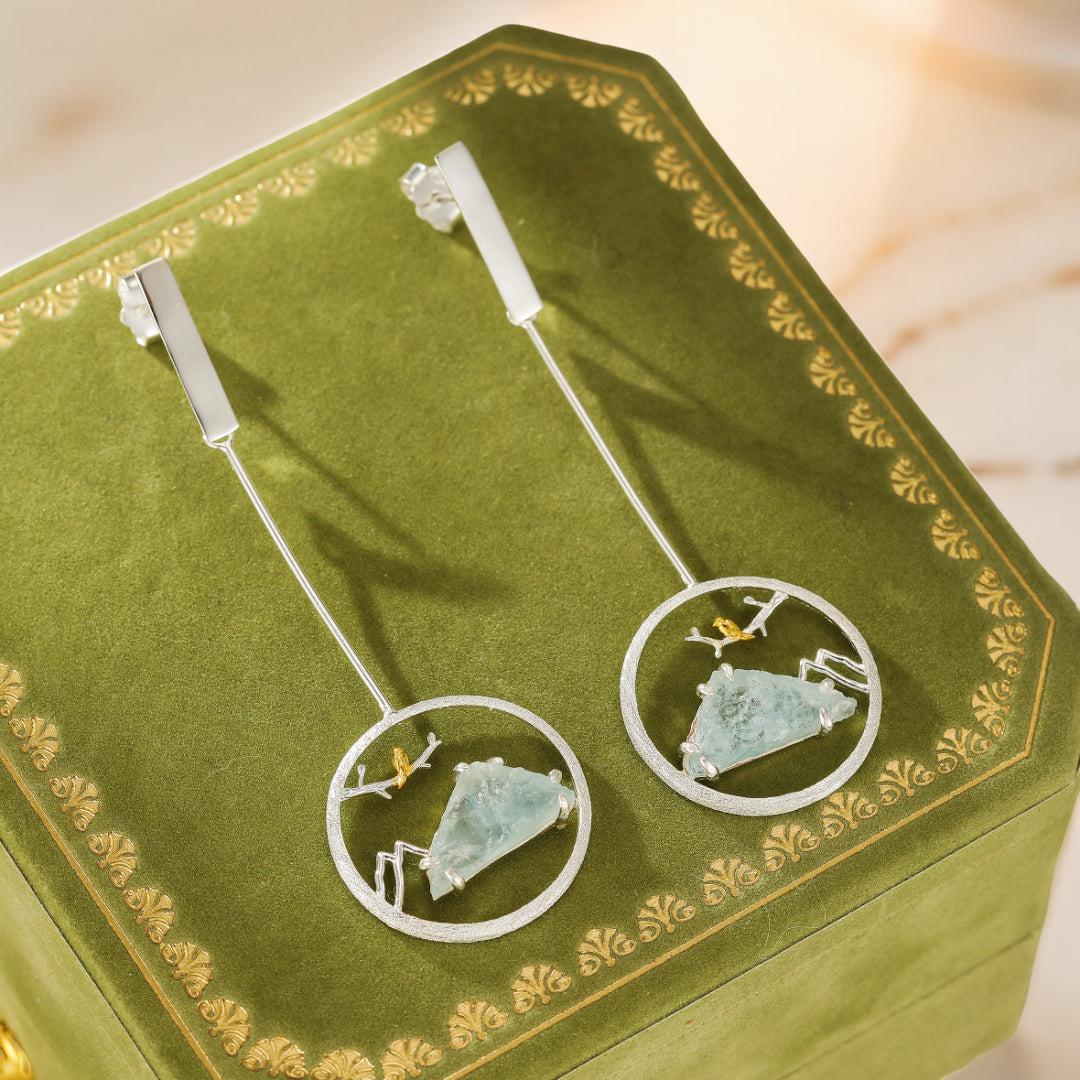 ATELIER-TIBET – Boucles d'Oreilles Aigue Marine – Petit Oiseau, Argent Plaqué Or