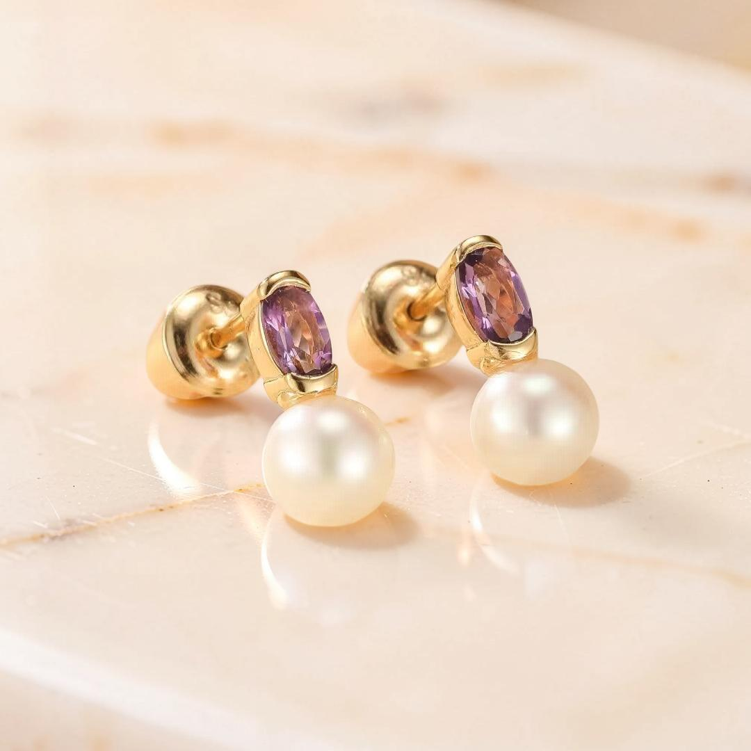 ATELIER-TIBET – Boucles d’Oreilles Améthyste et Perle – Pure Grâce, Argent Plaqué Or