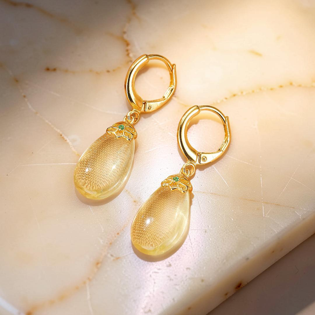 ATELIER-TIBET – Boucles d’oreilles Citrine – Goutte de Soleil, Argent Plaqué Or