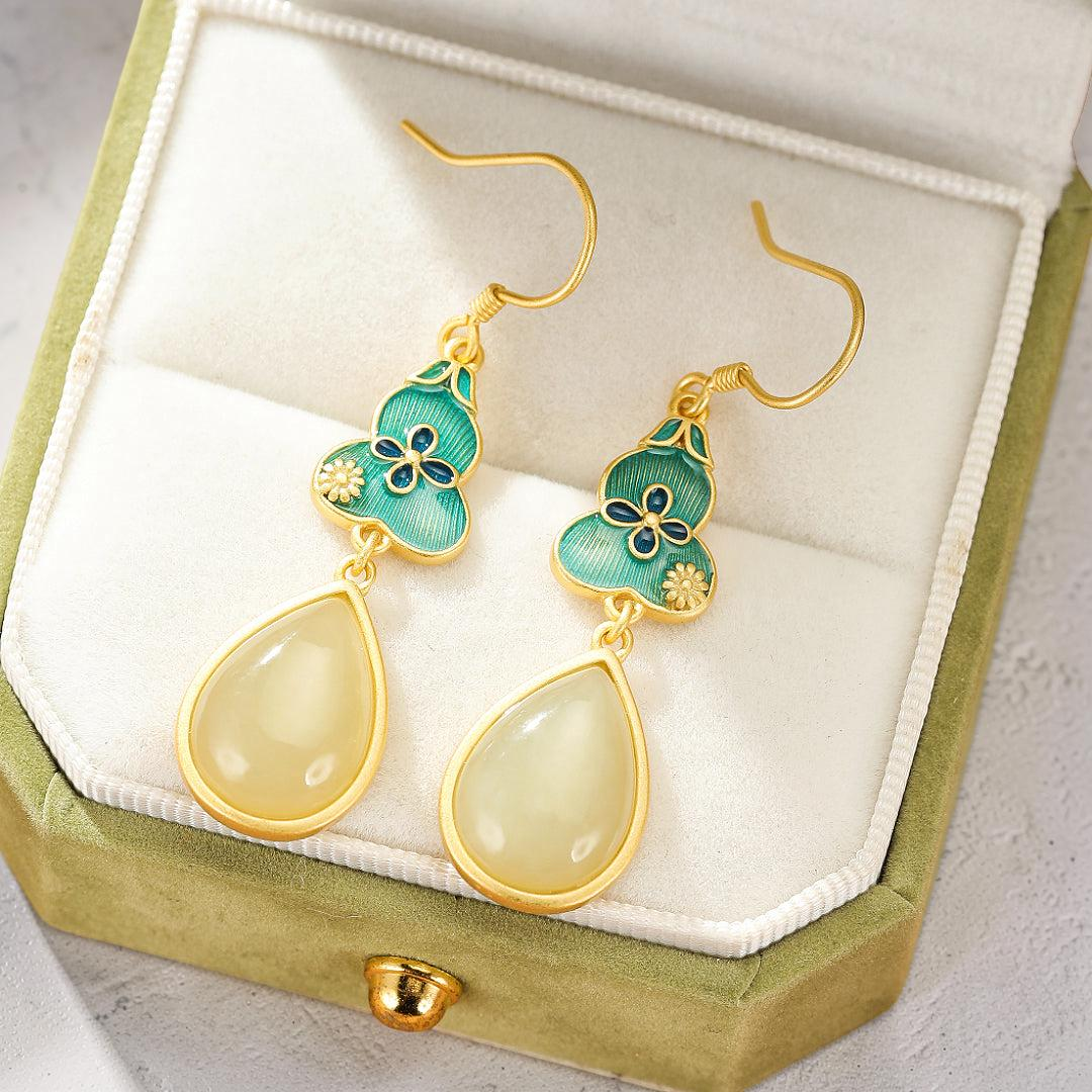 ATELIER-TIBET – Boucles d'Oreilles Jade – Goutte de Chance, Argent Plaqué Or