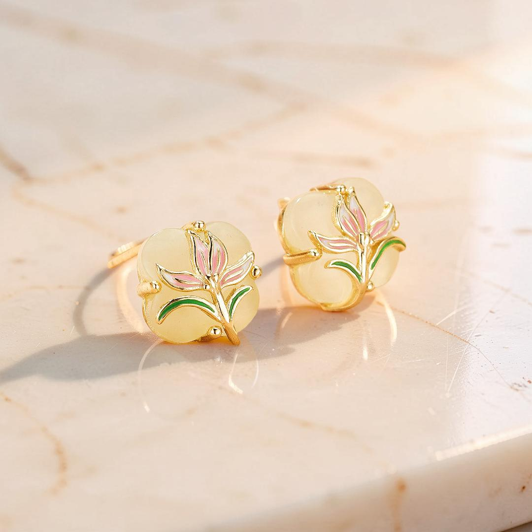 ATELIER-TIBET – Boucles d’oreilles Jade – Lumière Botanique, Argent Plaqué Or