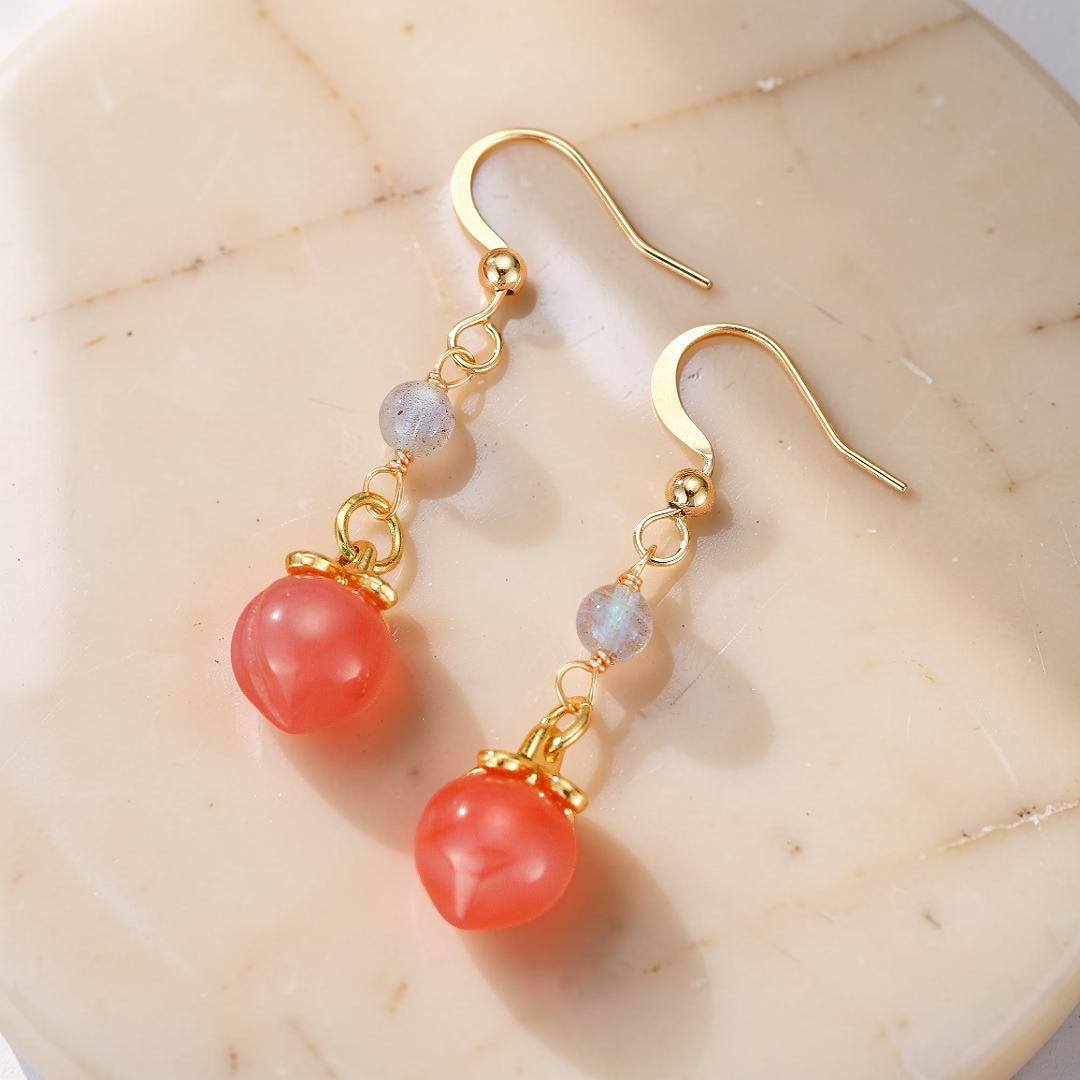 ATELIER-TIBET – Boucles d’Oreilles Labradorite et Agate Rouge – Douceur Pêche