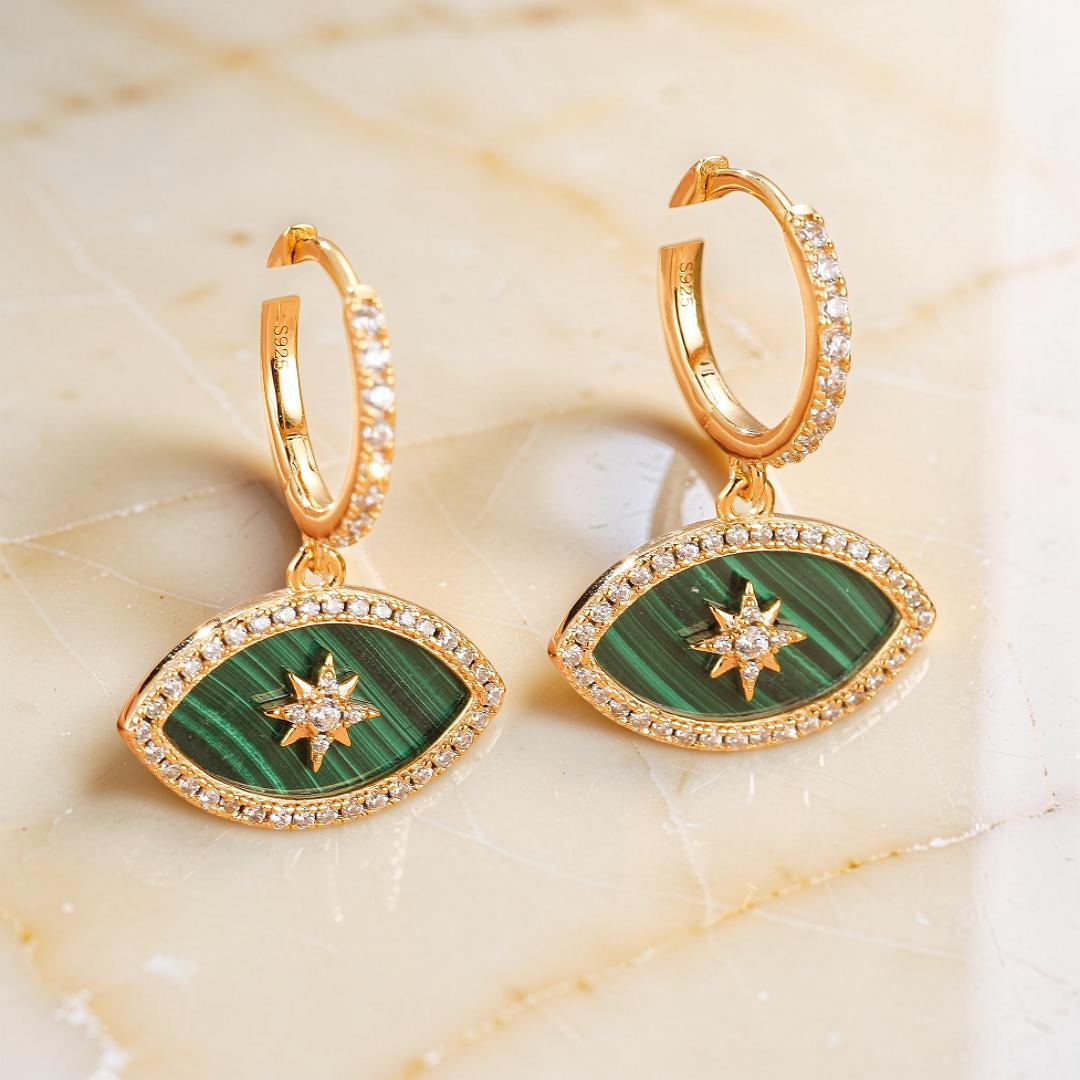 ATELIER-TIBET – Boucles d’oreilles Malachite – Regard Solaire, Argent Plaqué Or