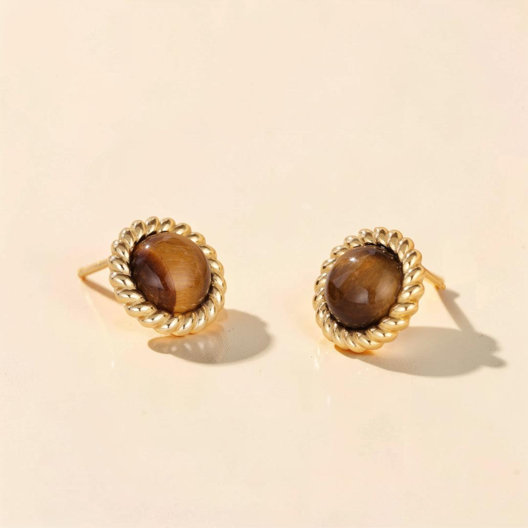 ATELIER-TIBET – Boucles d'Oreilles Œil de Tigre – Éclat Captivant, Argent Plaqué Or