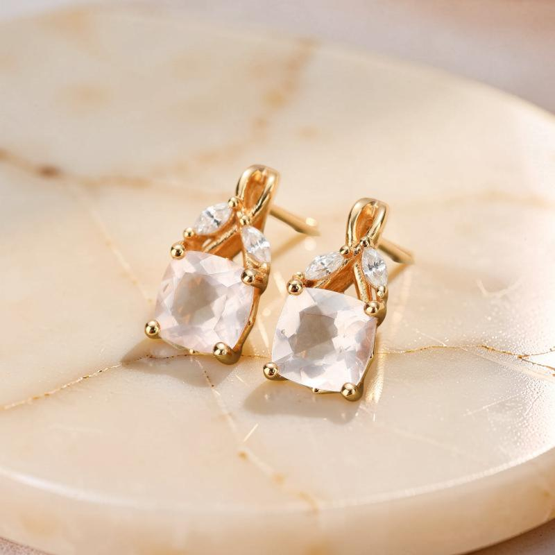 ATELIER-TIBET – Boucles d'Oreilles Quartz Rose – Élégant Feuillu, Argent Plaqué Or