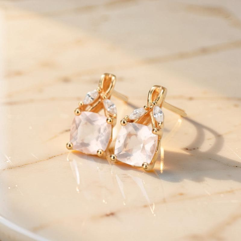 ATELIER-TIBET – Boucles d'Oreilles Quartz Rose – Élégant Feuillu, Argent Plaqué Or