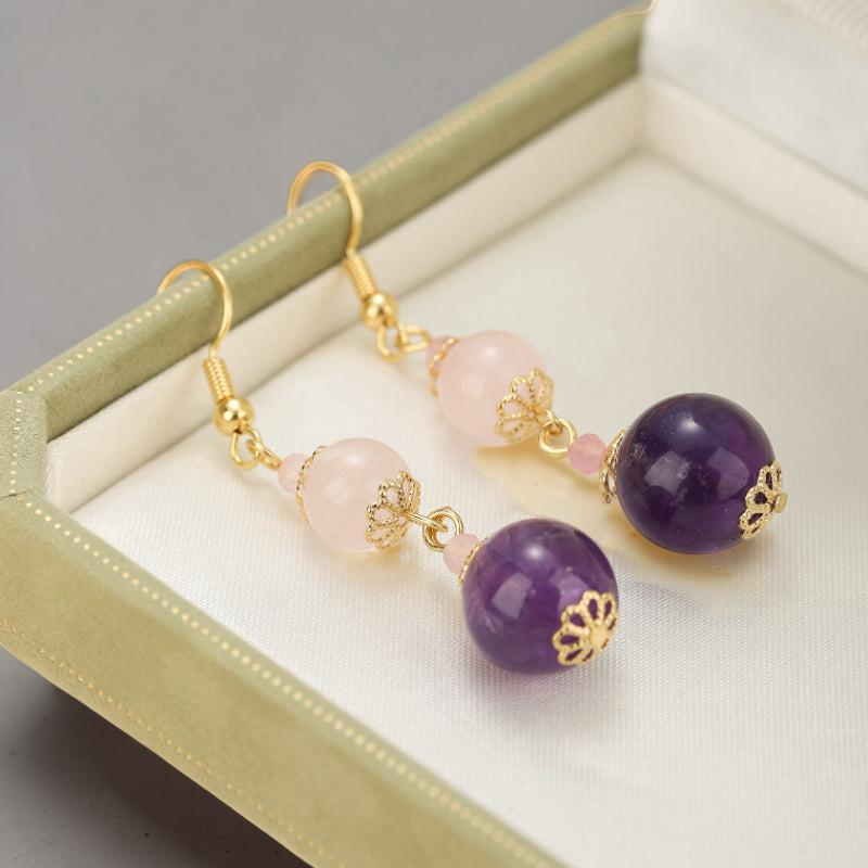 ATELIER-TIBET – Boucles d'Oreilles Quartz Rose et Améthyste – Plongée Ether