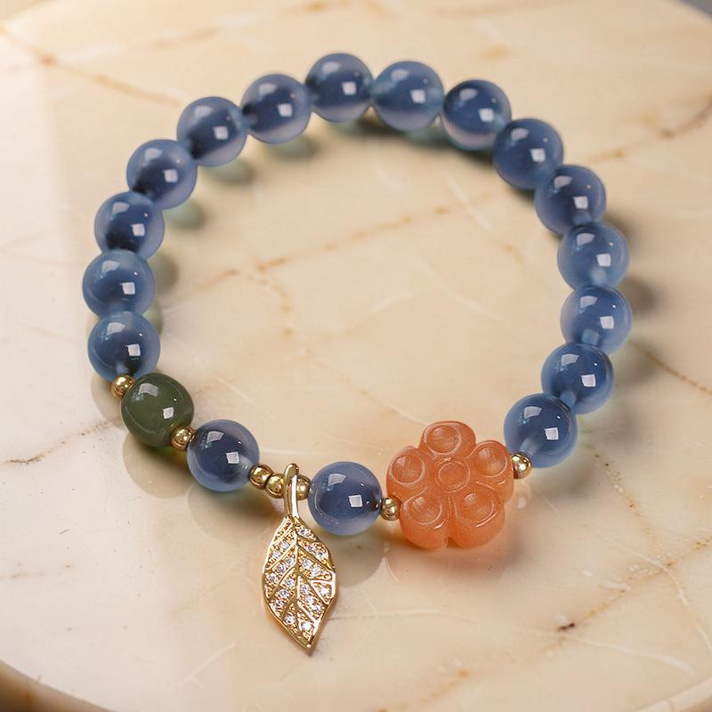 ATELIER-TIBET – Bracelet Agate Bleue – Feuille Dorée