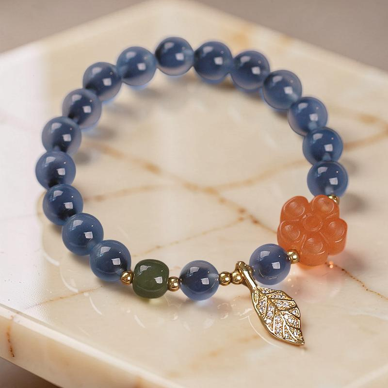 ATELIER-TIBET – Bracelet Agate Bleue – Feuille Dorée