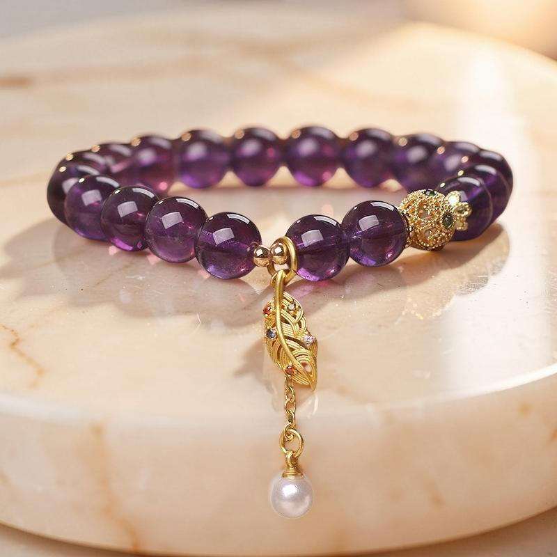 ATELIER-TIBET – Bracelet Améthyste et Perle – Feuille Dorée