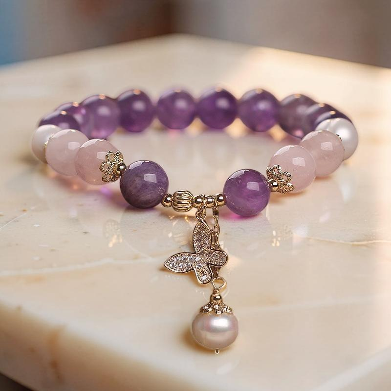 ATELIER-TIBET – Bracelet Améthyste Quartz Rose et Perle – Papillon