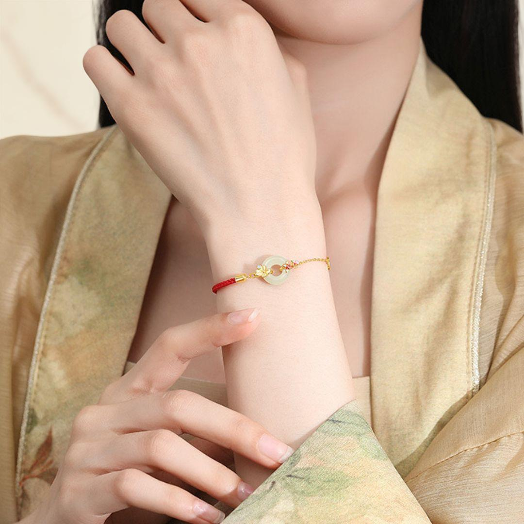 ATELIER-TIBET – Bracelet Cordon Rouge et Jade – Carpe Koï, Argent Plaqué Or