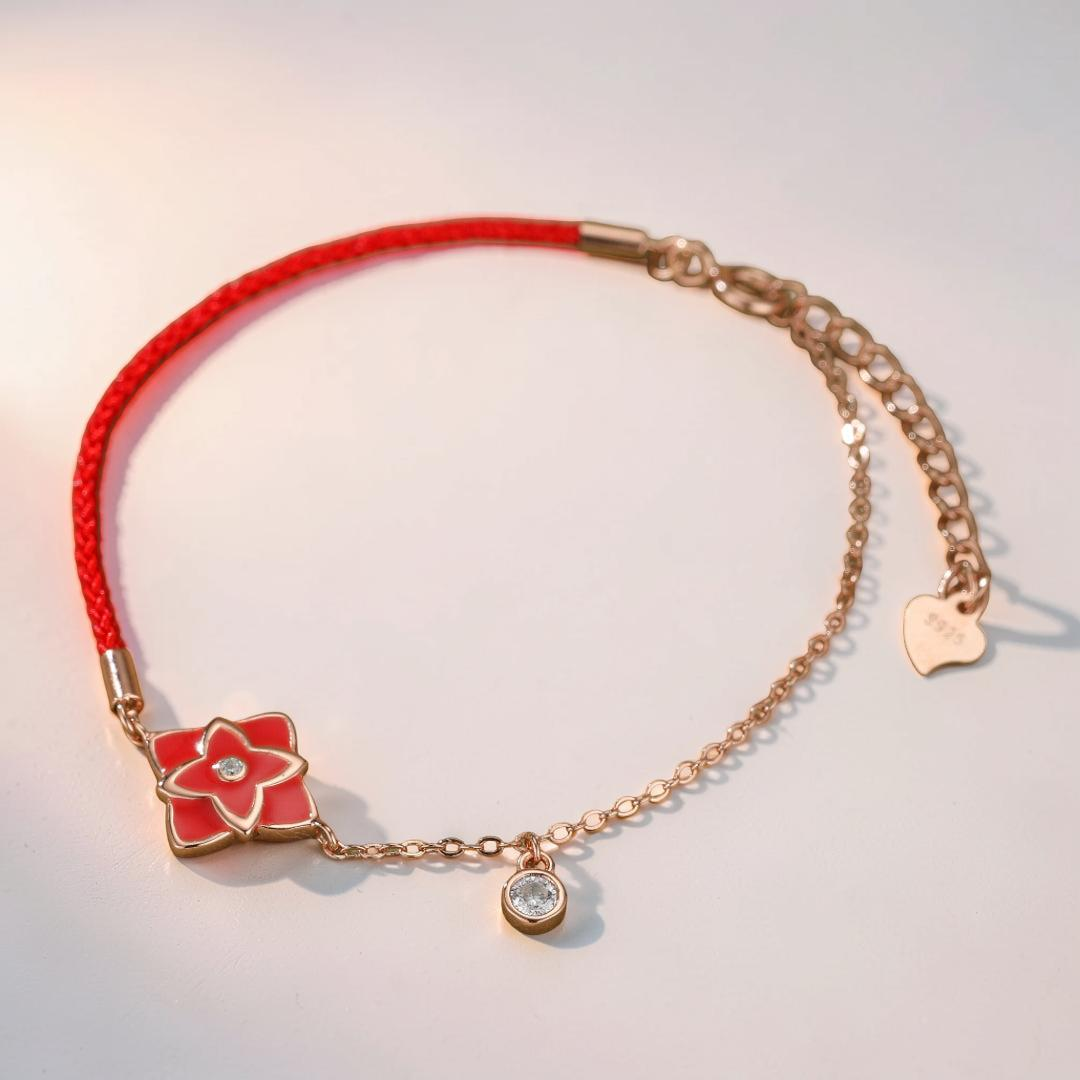 ATELIER-TIBET – Bracelet Cordon Rouge – Fleur de Chance, Argent 925