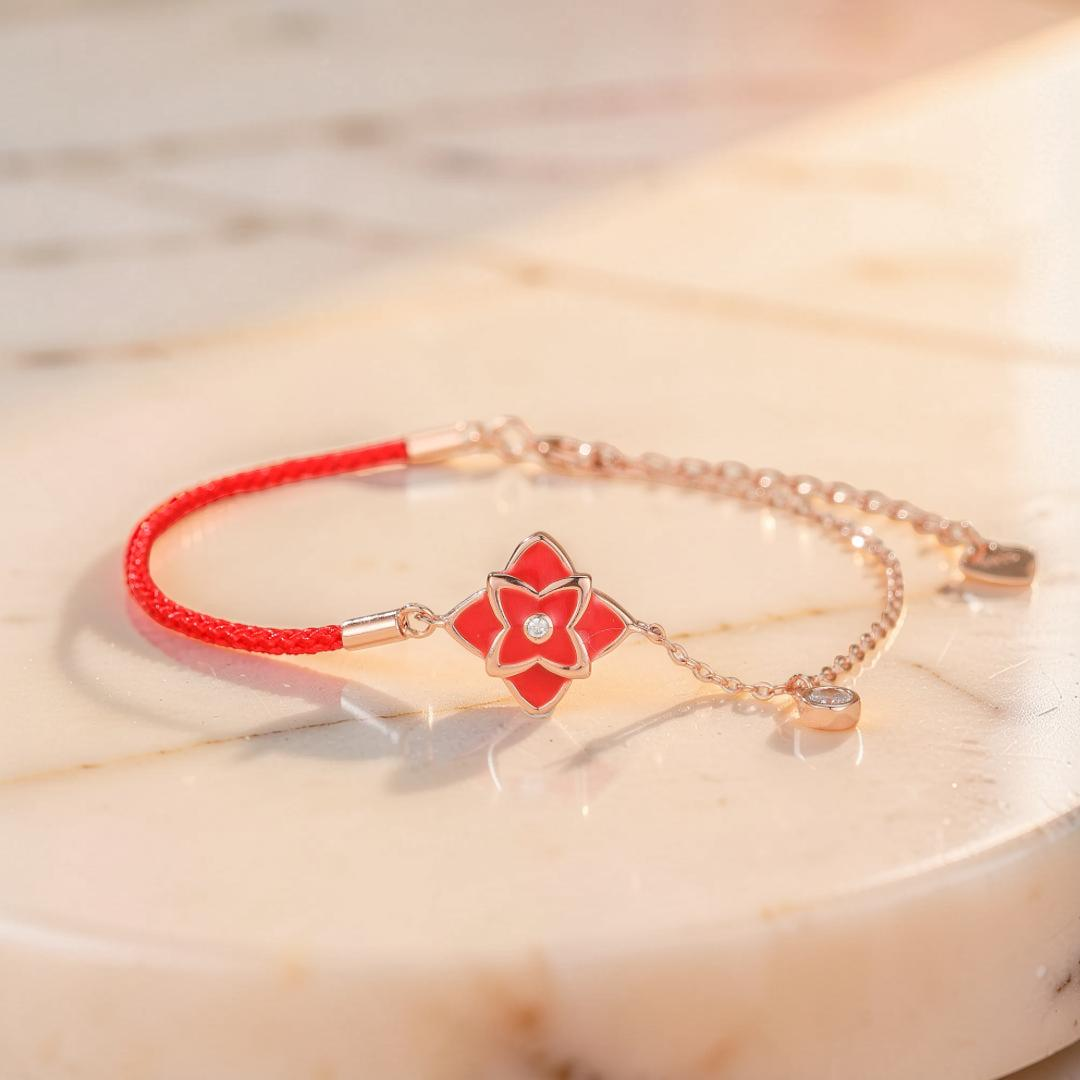 ATELIER-TIBET – Bracelet Cordon Rouge – Fleur de Chance, Argent 925