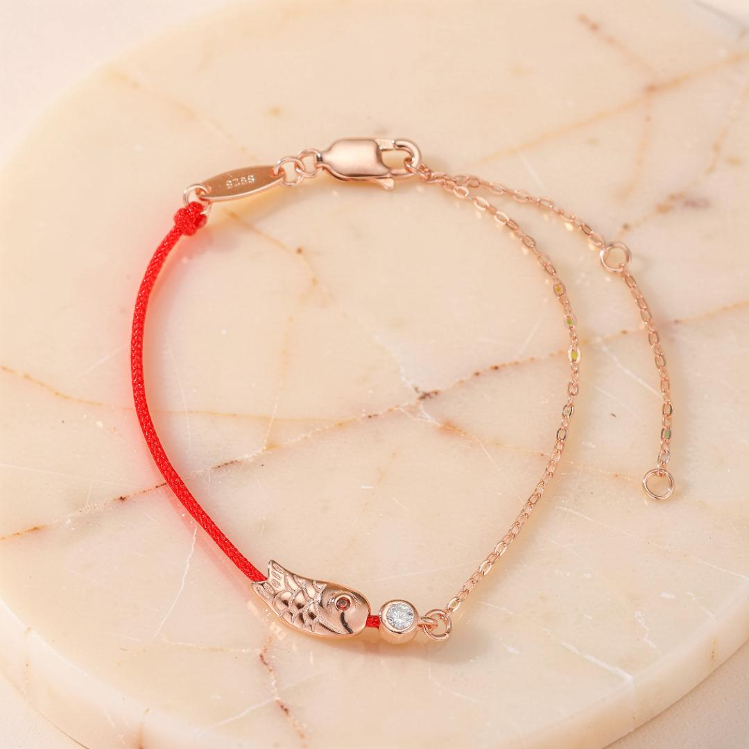 ATELIER-TIBET – Bracelet Cordon Rouge – Poisson Porte-Bonheur, Argent 925