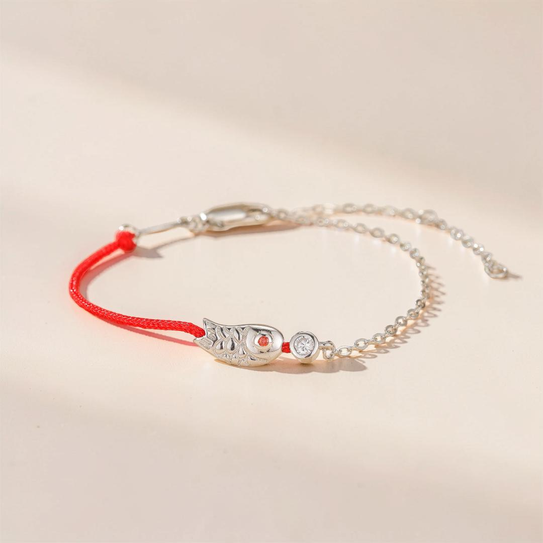 ATELIER-TIBET – Bracelet Cordon Rouge – Poisson Porte-Bonheur, Argent 925
