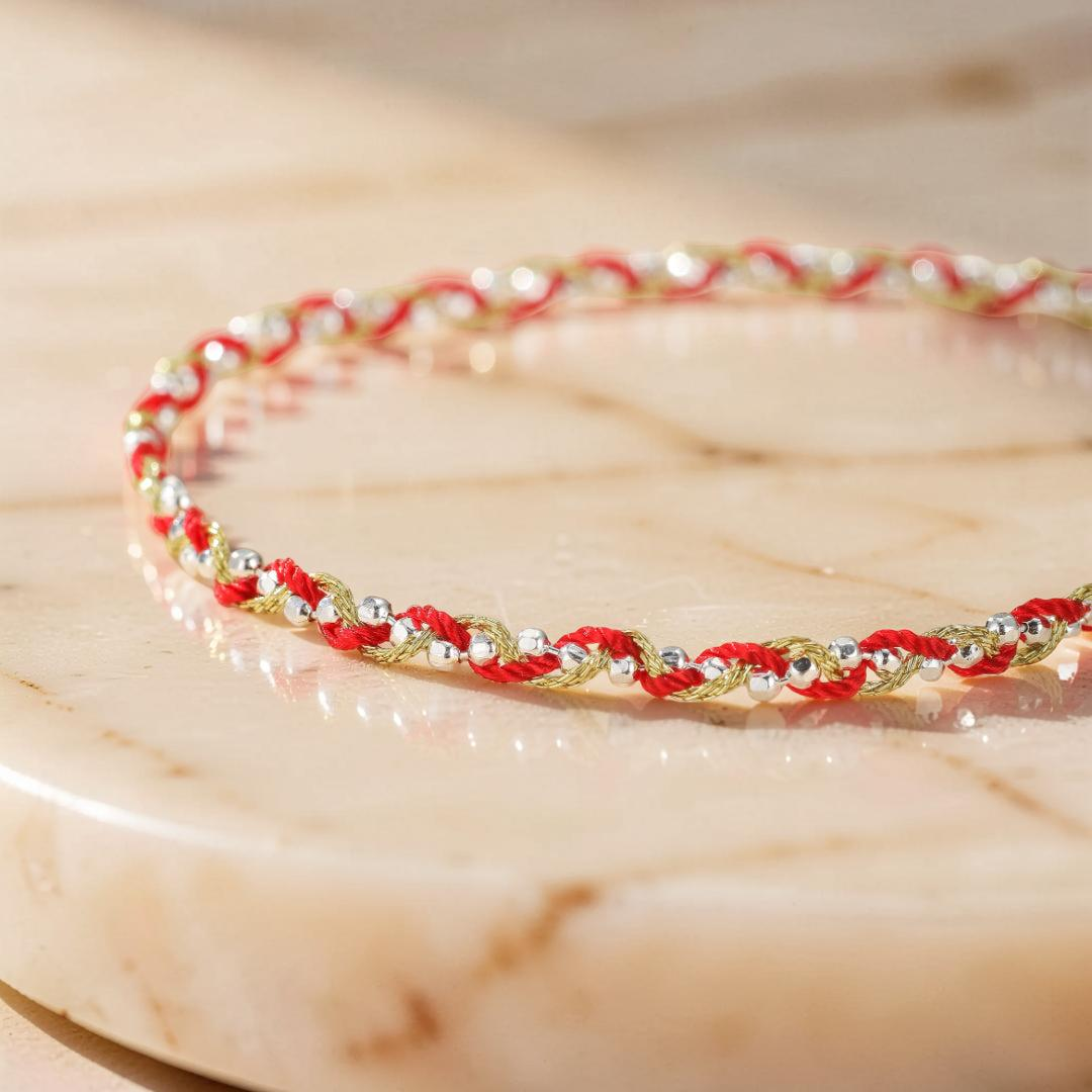 ATELIER-TIBET – Bracelet Cordon Rouge – Tresse de Chance, Argent 925 et Fil Or 14K