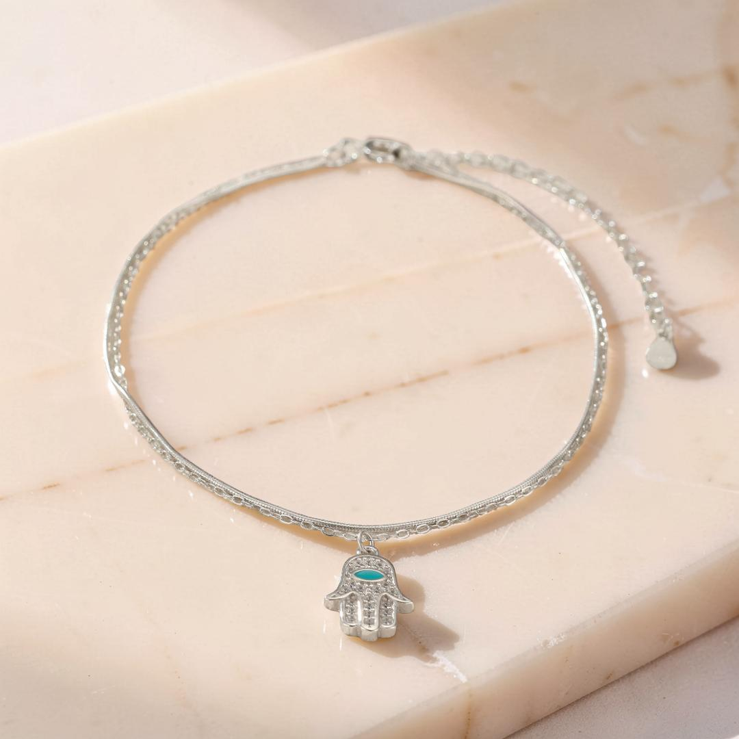 ATELIER-TIBET – Bracelet de Cheville Main de Fatma – Protection Élégante, Argent 925