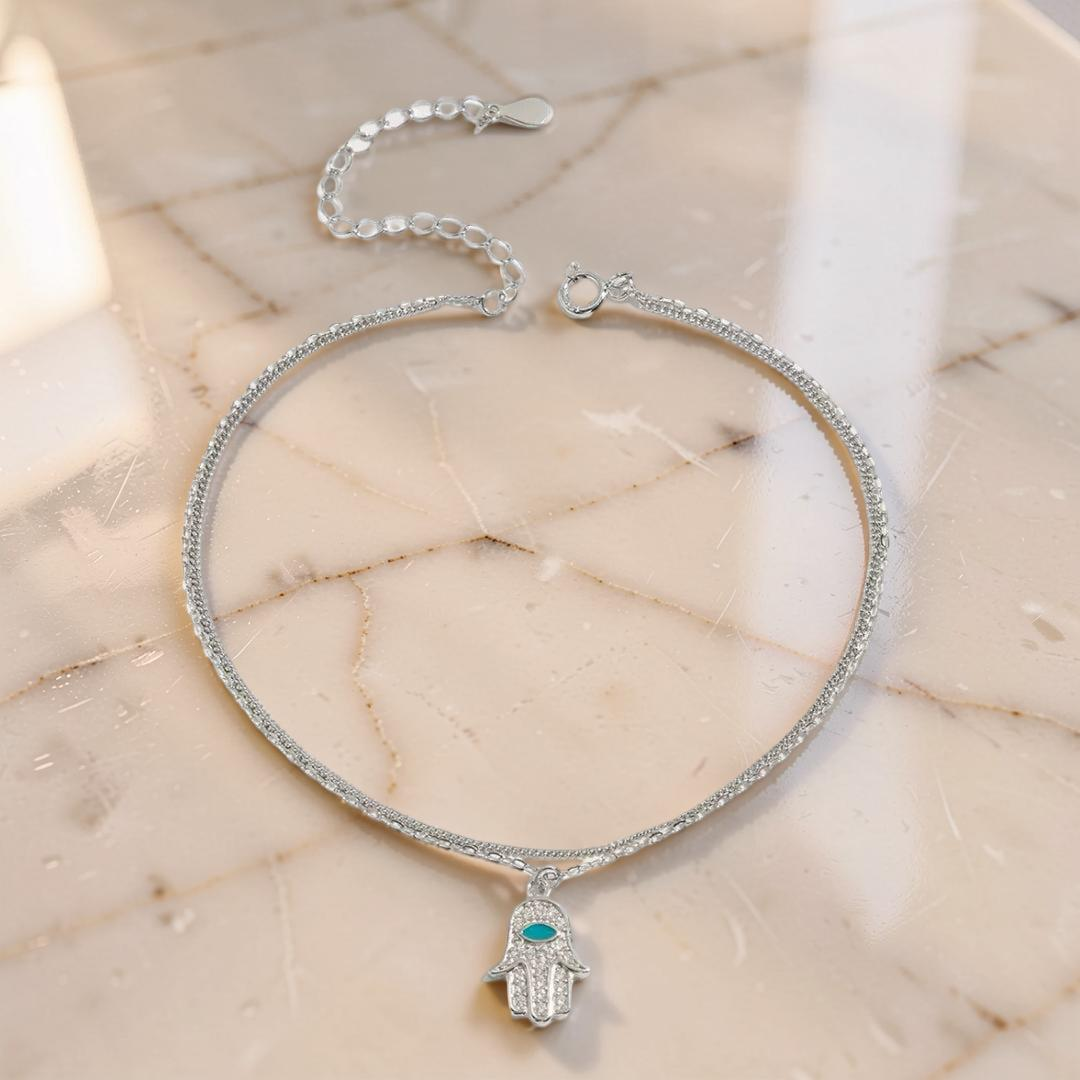 ATELIER-TIBET – Bracelet de Cheville Main de Fatma – Protection Élégante, Argent 925